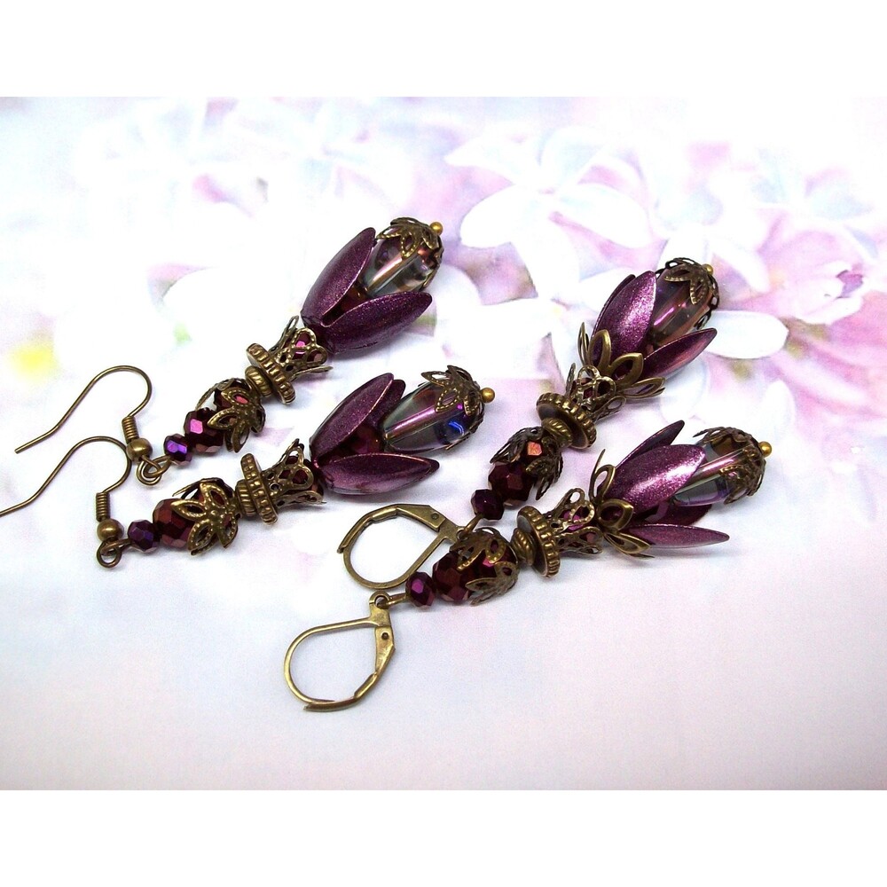 Burgundy Floral Dangle Earrings, Handmade Jewelry, Bronze,